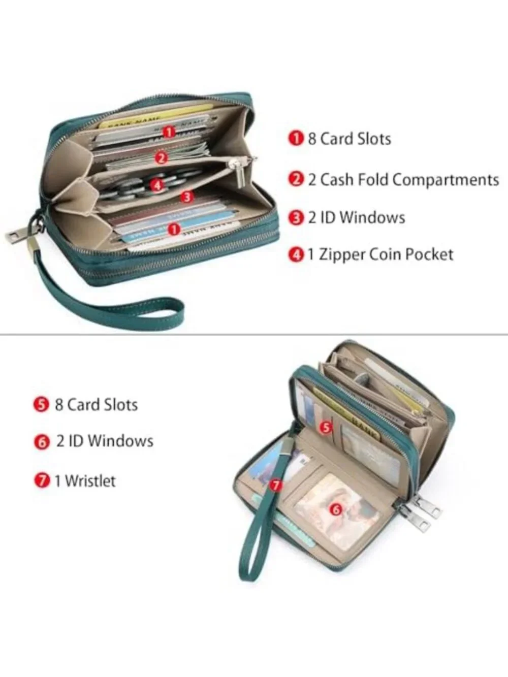 Stylish RFID Blocking Double Zip Wallet | Medium Leather Wristlet Purse in Teal